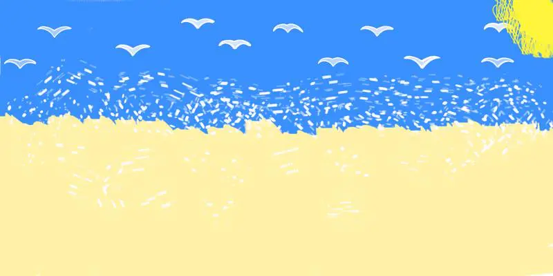 Digital drawing of a beach scene. Yellow sand on the bottom that becomes blue on the top with 11 shapes of birds