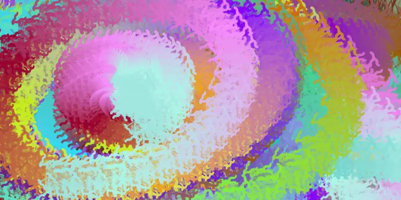 Digital drawing with a large circle on the left that becomes a tunnel full of color