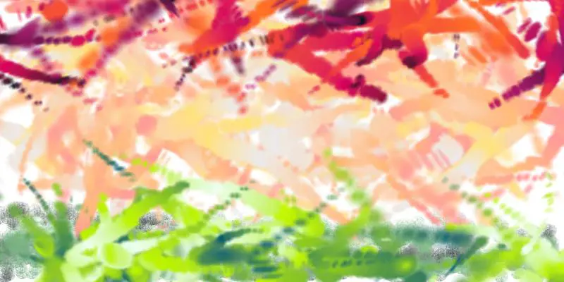 Digital drawing with strikes of green at the bottom, peach in the middle and reds and purples at the top