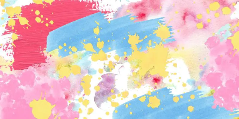 Digital drawing with thick strokes of dark pink, light pink and blue. Splotches of yellow cover the streaks.