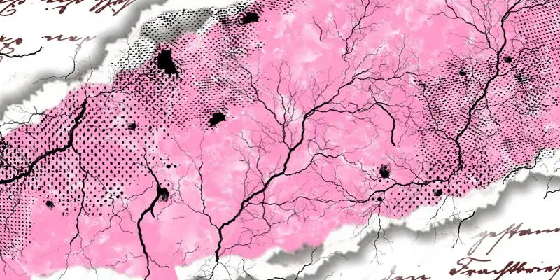 A layered digital drawing with handwritten script in the top and bottom corners with a strip of pink going diagonally