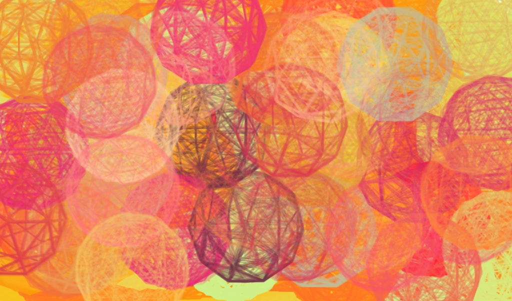 Digital drawing in shades of orange with multidimensional spheres that look like a ball of yarn