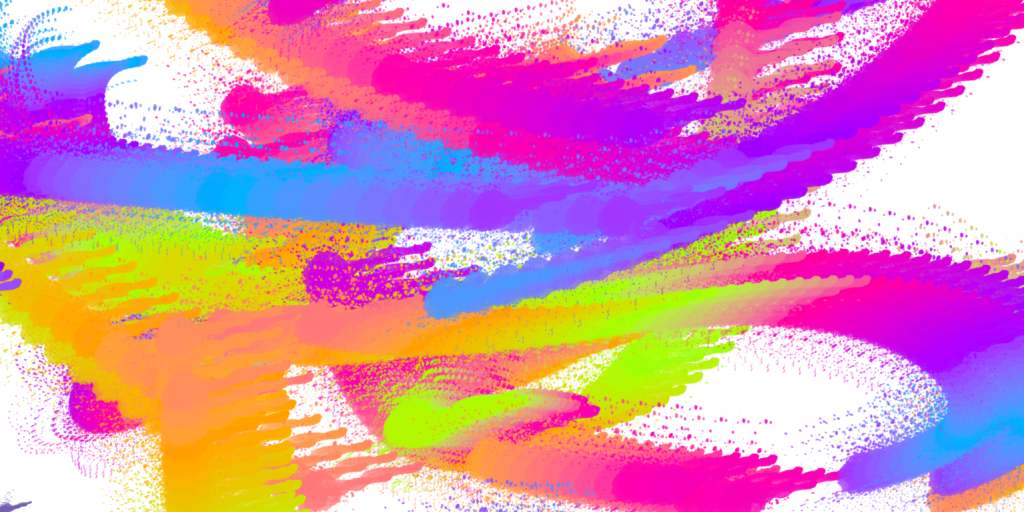 Digital drawing of textured lines flying across the page in neon pink, purple, yellow, green and orange