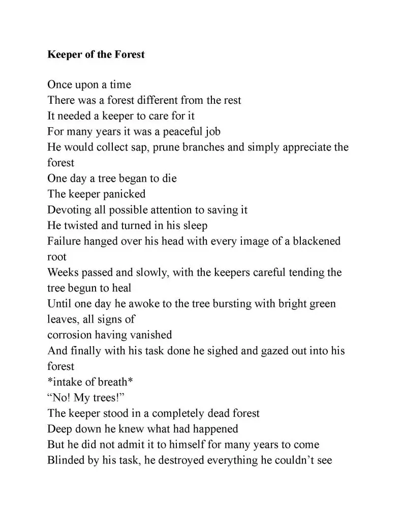 Poem called "Keeper of the Forest" in a serifed font