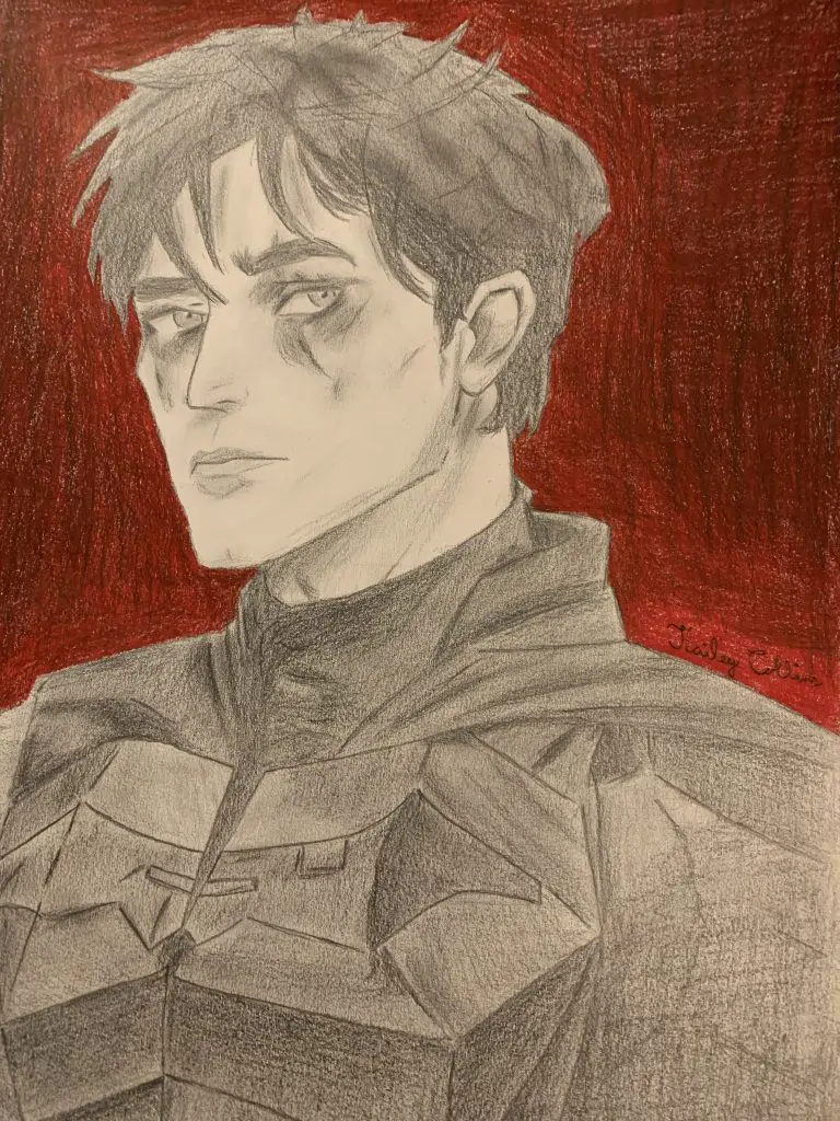 Pencil drawing of a man with sharp features on a red background