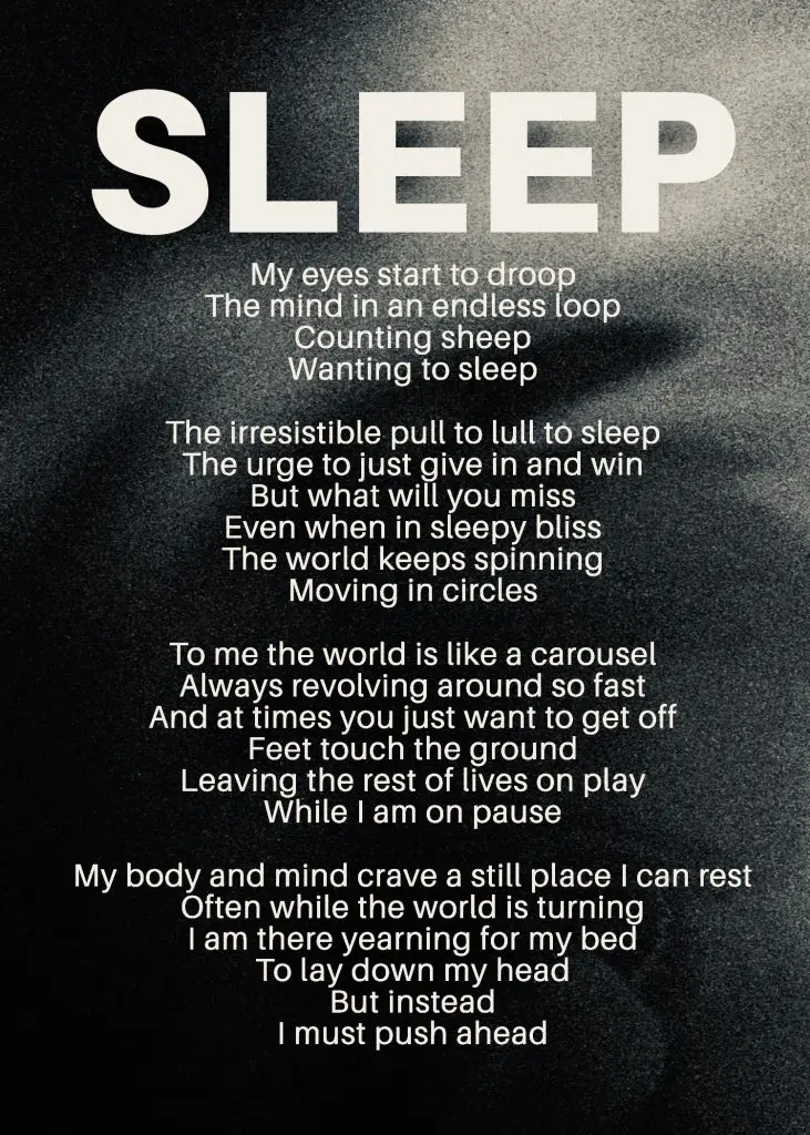 Sleep poem by C. Douglas on a grainy dark background