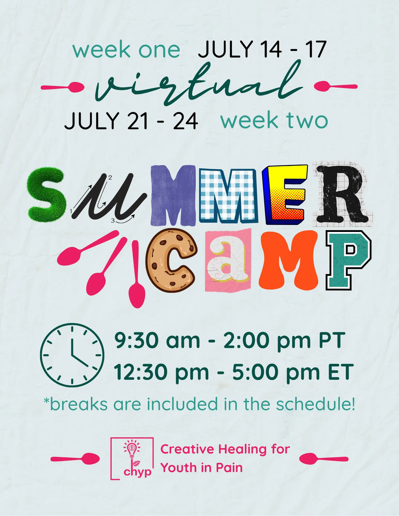 Light blue promotional flyer for online summer camp