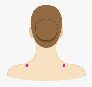 Illustration of a human body with shoulders and head. Two red dots on either shoulder